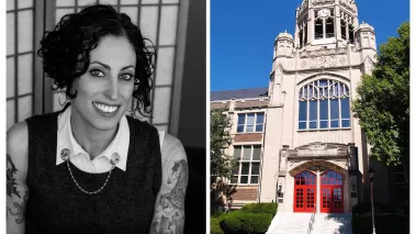 Collage of head portrait of professor Maura Finkelstein and Muhlenberg College campus